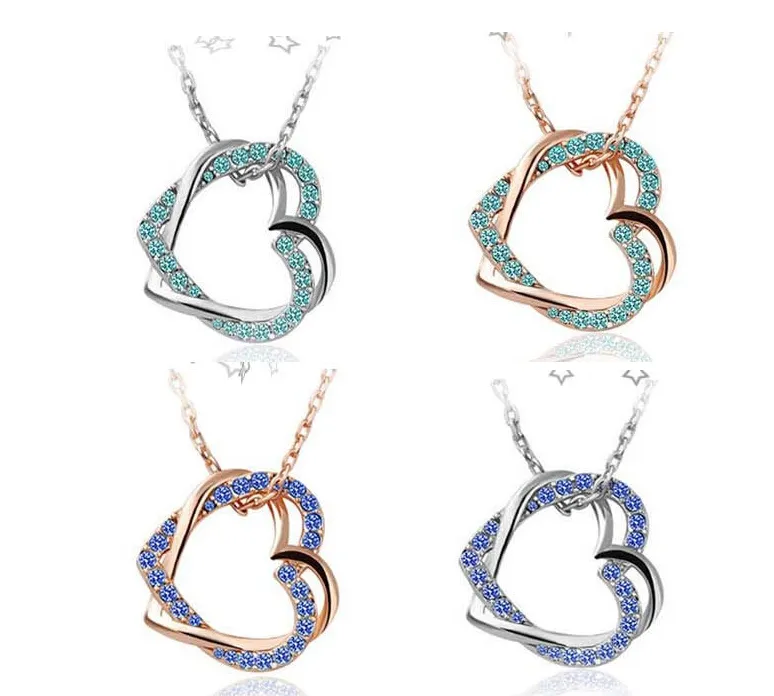 Creative Hollow Full Rhinestone Double Heart Winding Pendant Clavicle Chain
