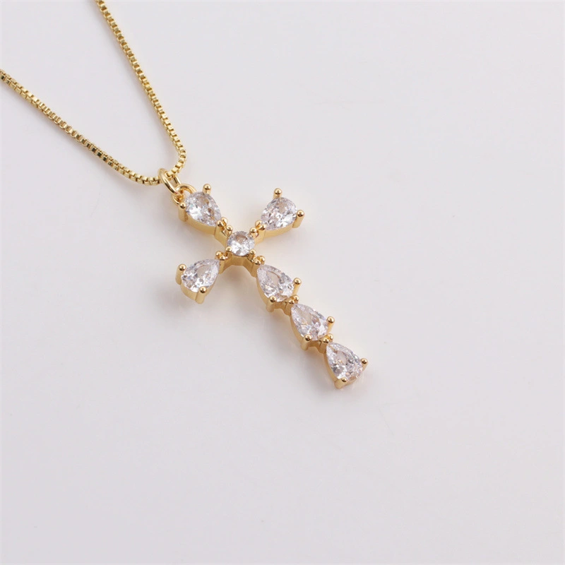 Lady 18K Gold-plated Copper With Zircon Cross Pendant Necklace