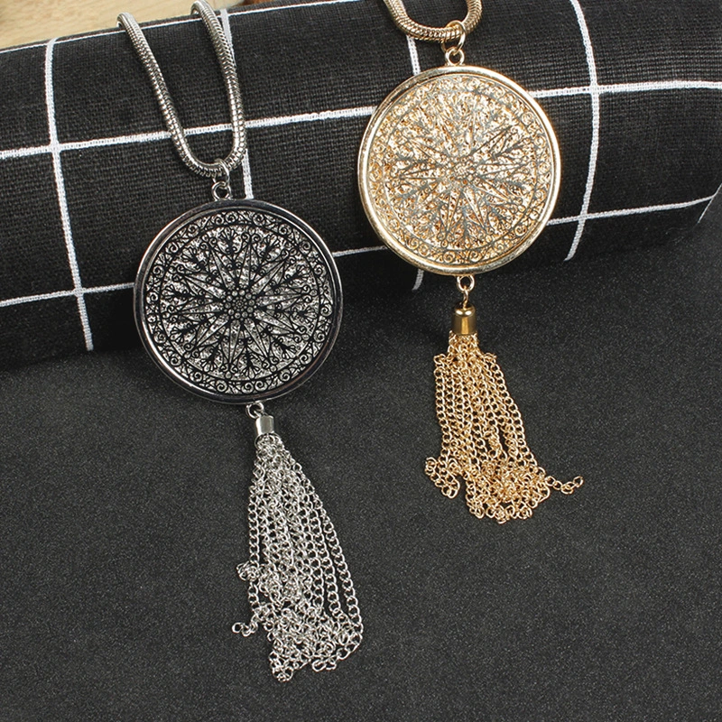 European And American Hollow Disc Pendant Tassel Long Necklace Women