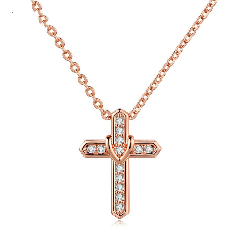 Zircon Wax Inlaid Real Gold Plated Cross Pendant Necklace
