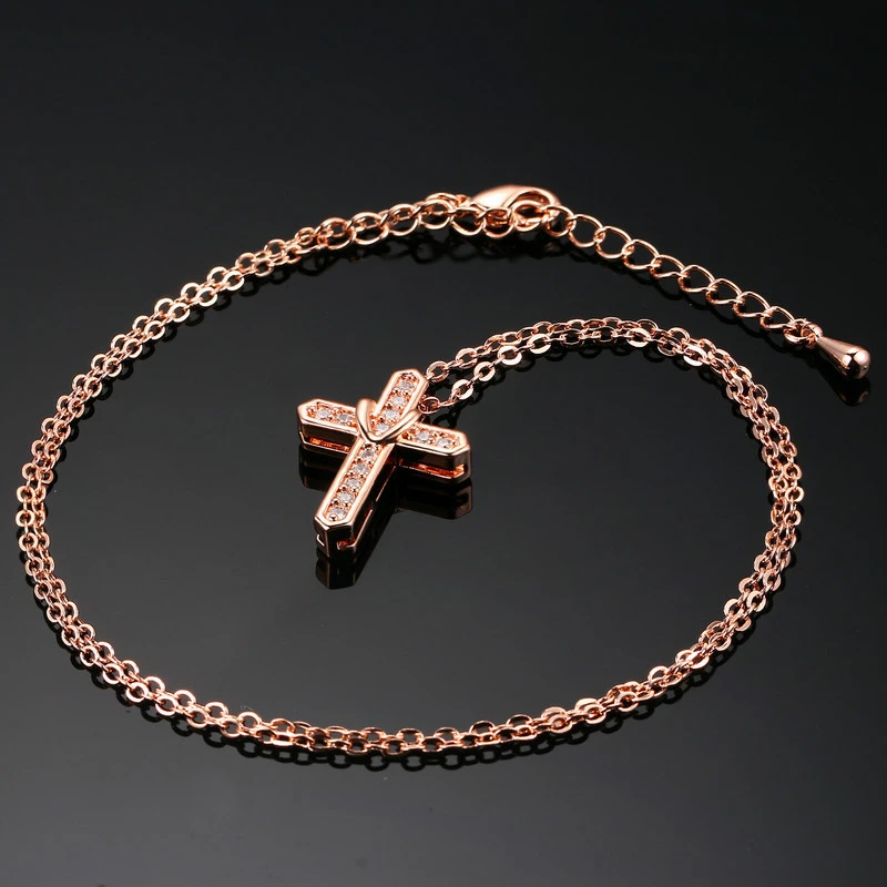 Zircon Wax Inlaid Real Gold Plated Cross Pendant Necklace