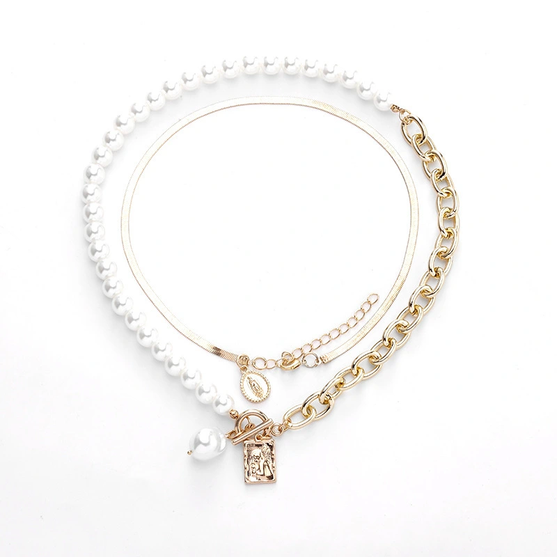 All-match New Style Copper Snake Chain Pearl Coin Portrait Square Brand Necklace Female