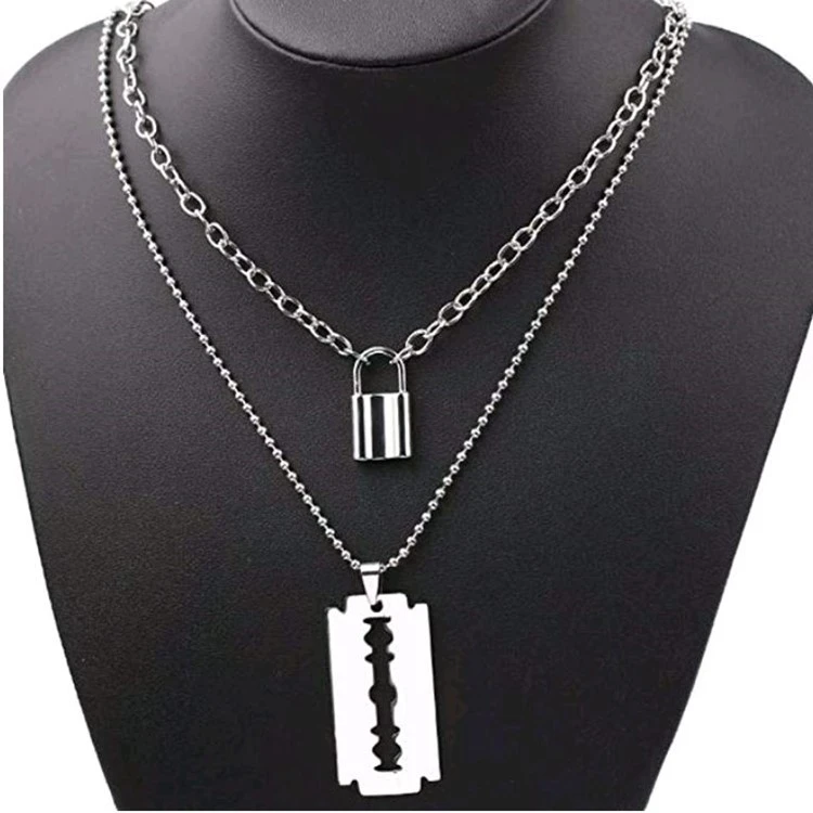 Large Thick Stainless Steel Blade Necklace Set Chain