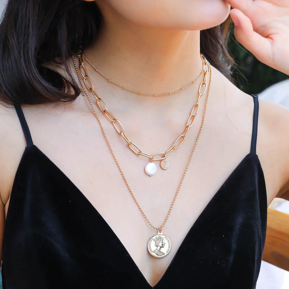 Imitation Pearl multi-layer chain pendant necklace