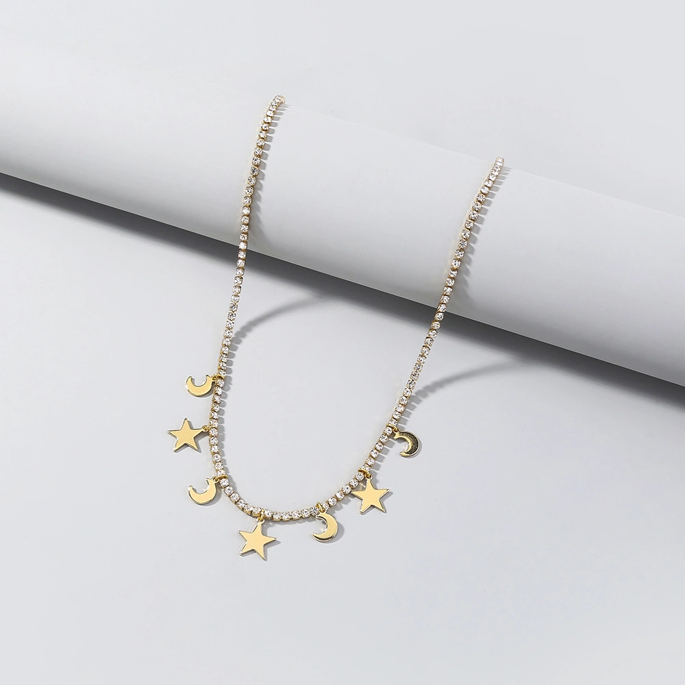   Single-layered Star, Moon, white diamond necklace