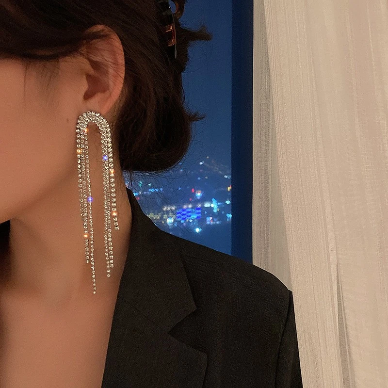 925 Silver Needle Exaggerated Full Diamond Tassel Earrings Female Long Section