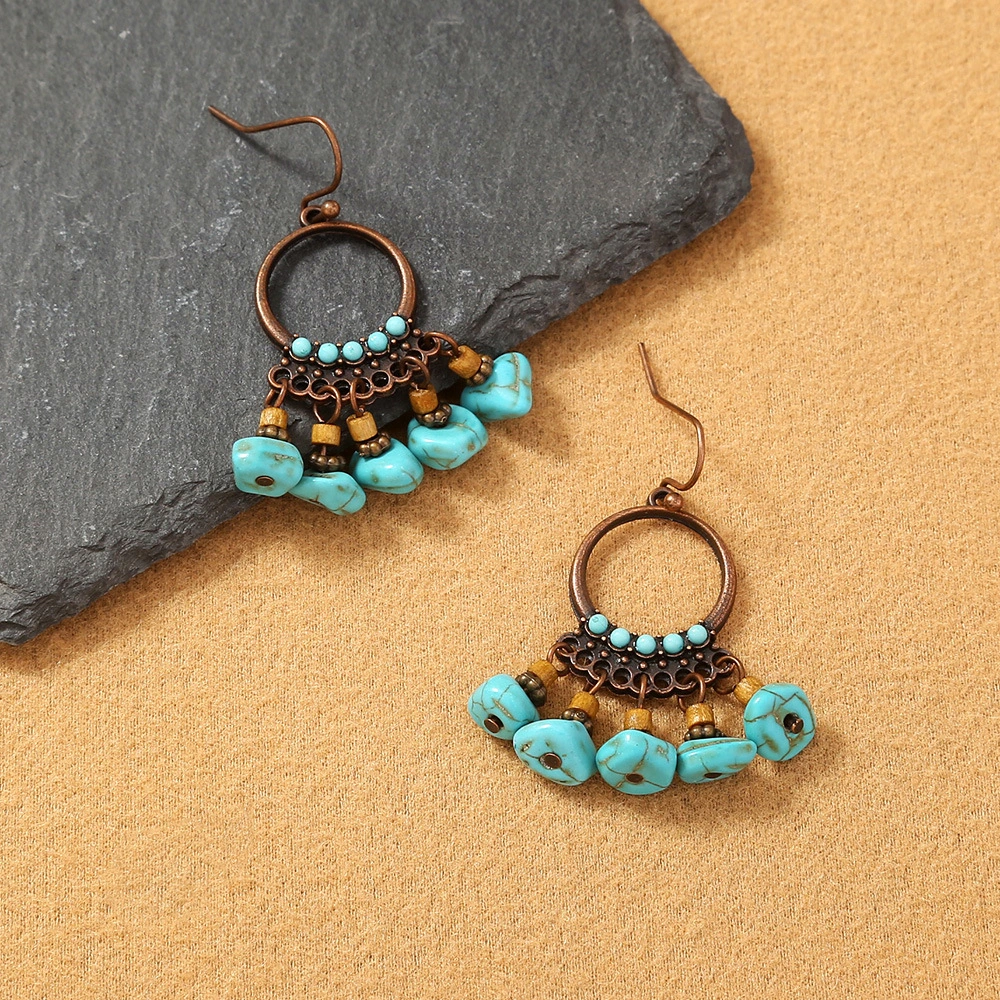 Vintage Circle Turquoise Pendant Tassel Earrings