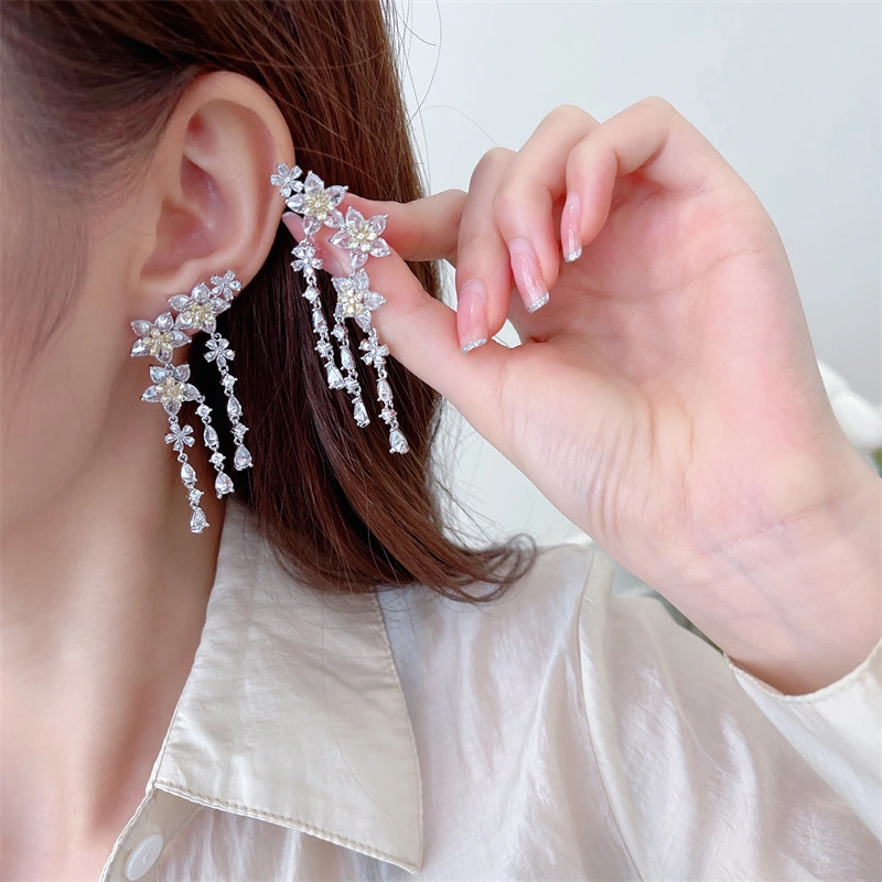 Fashion Flower Tassel Pendant Earrings For Women Wedding Crystal Dangle Earings Luxury Jewelry