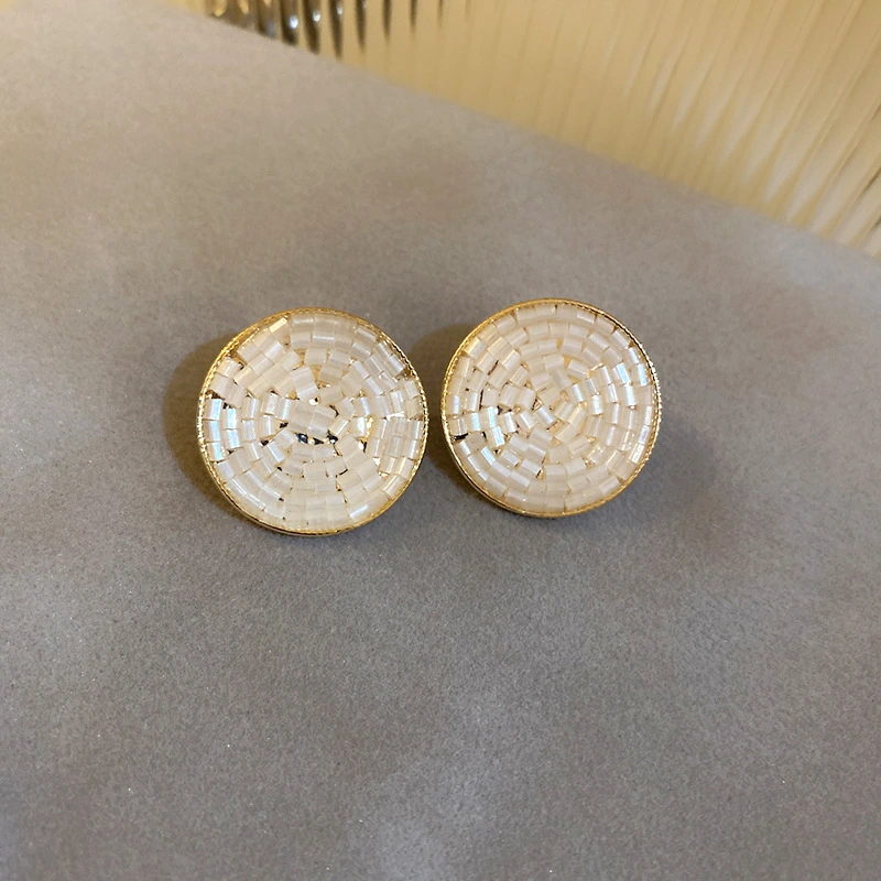 Silver Needle Rice Bead Round Earrings Women French Retro