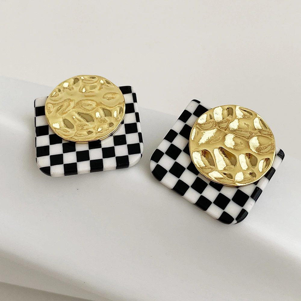 Pictorial Checkerboard Square Metal Earrings French Style