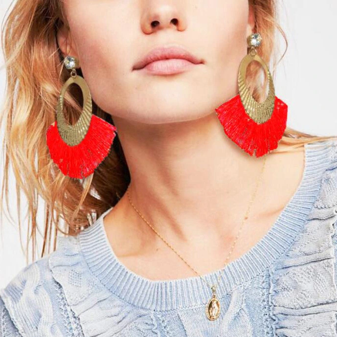 Women's Fringed Fan-shaped Gold Earrings With Rhinestones