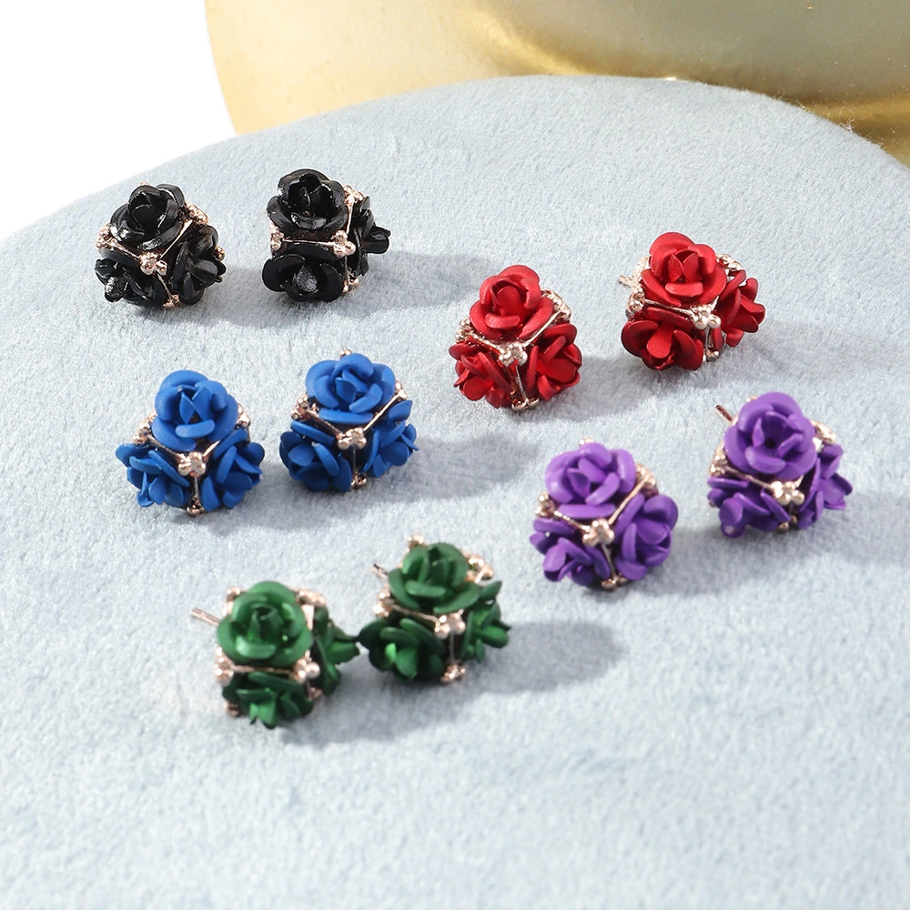 Retro Temperament Stereo Rose Stud Earrings Cute Multicolor Flower Earrings