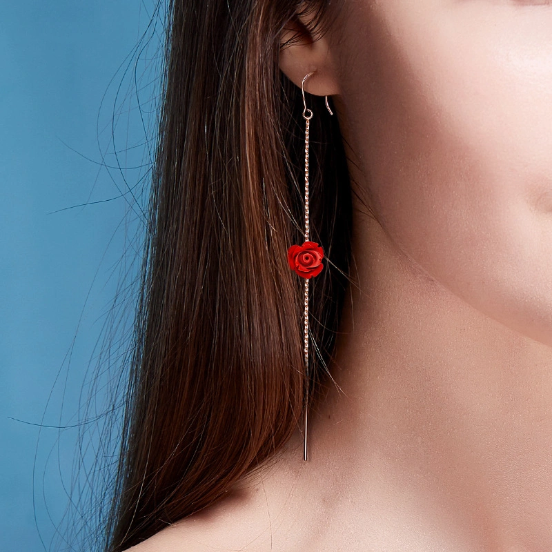 925 Silver Needle Red Rose Tassel Earrings