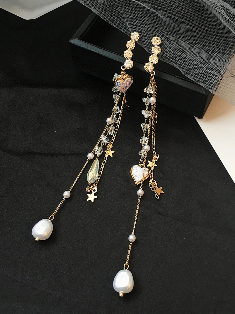 Silver Needle Wings Rhinestone Love Pearl Earrings Long Tassel Simple Fashion Stud Earrings