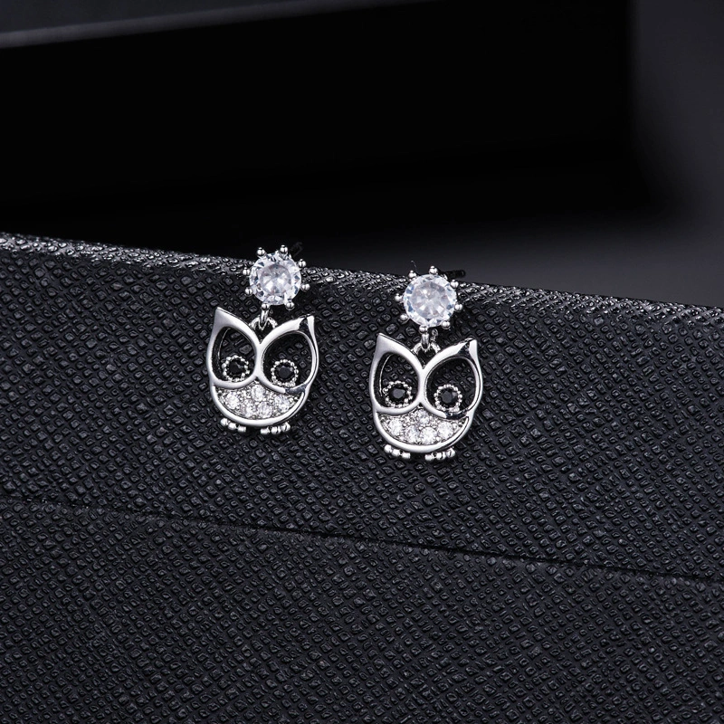 S925 Sterling Silver Temperament Owl Diamond Earrings