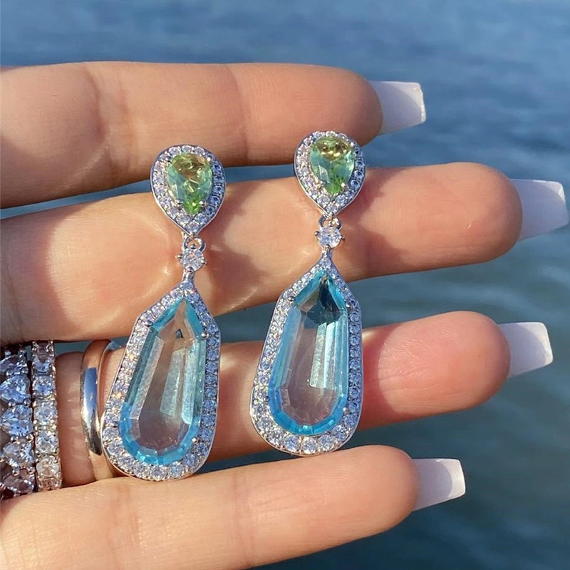 Niche Design Sea Blue Zircon Wedding Chic Bridal Dinner Earrings