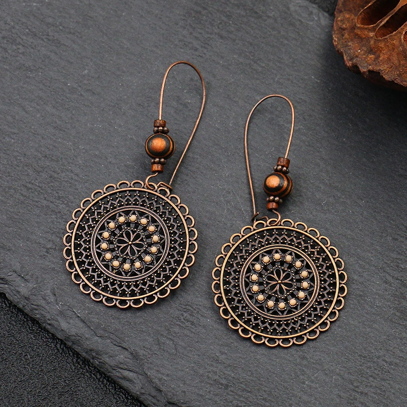 Retro Fashion Round Flower Rhinestone Wooden Beads Ethnic Earrings