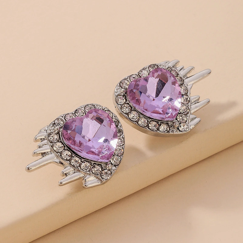 925 Silver Needle Personality Purple Crystal Rhinestone Love Stud Earrings