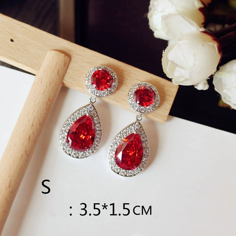 Round Square Pigeon Blood Ruby Dress Bridal Long Earrings