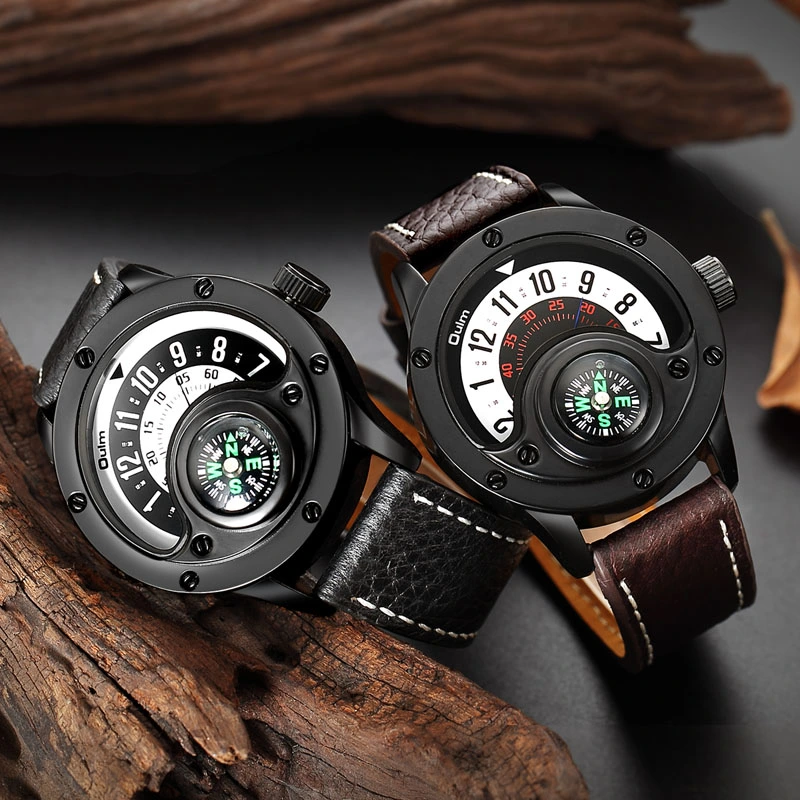 New Sport Watches Men Decorative Compass Unique Design Male Quartz Clock Men's Leather Strap Casual Wrist Watch