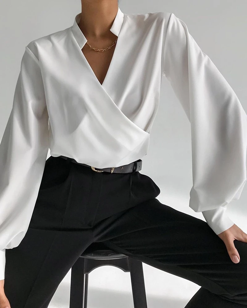 Stand-up Collar V-shaped Pullover Simple And Versatile Solid Color Shirt