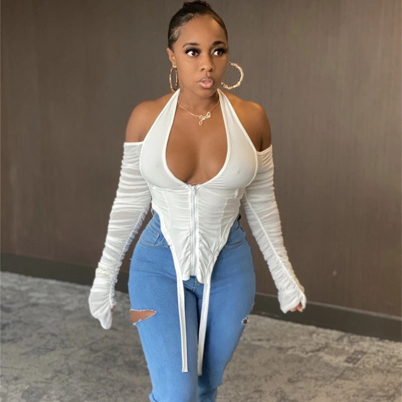 V-Neck Halter Lace-Up Mesh See-Through Long-Sleeved T-Shirt Top