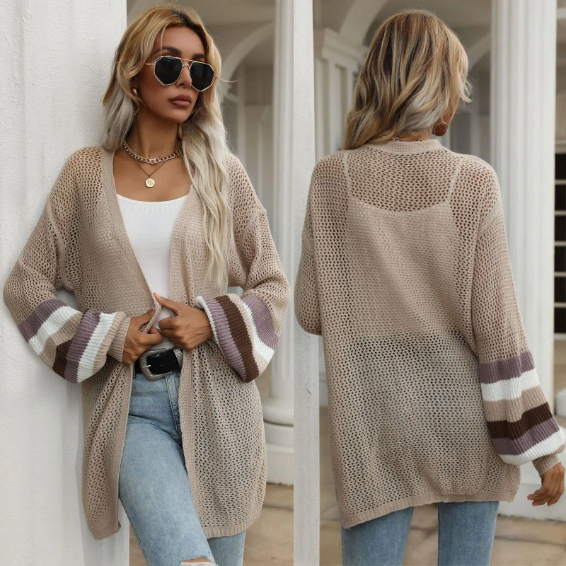 Knitted Mid-Length Color-Blocking Loose Openwork Sweater Coat