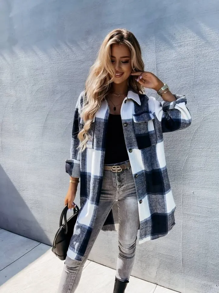 Padded Shirt Mid-Length Plaid Jacket Womens Clothing