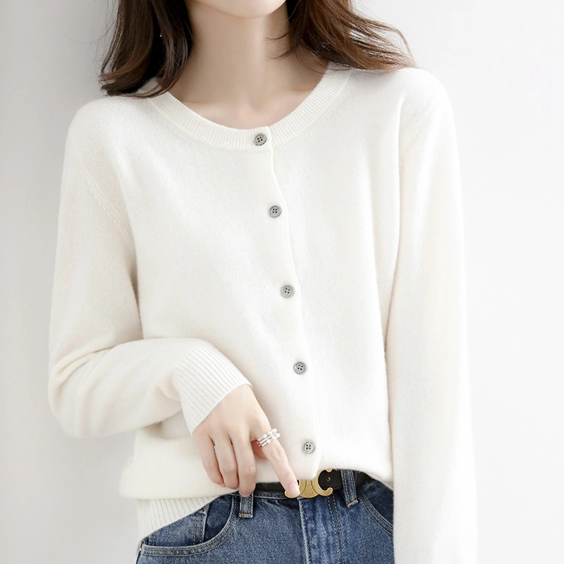 Round Neck Knitted Cardigan Women Loose Solid Color Jacket