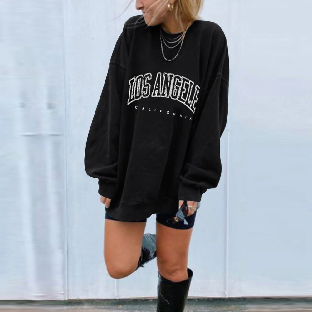 Letter Print Hoodless Sweater Women's Solid Color Loose Pullover