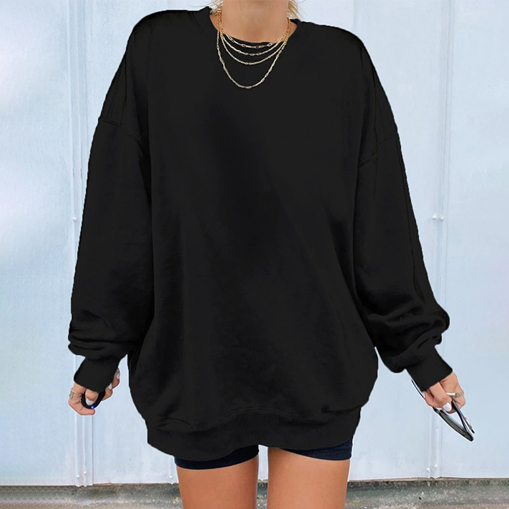 Letter Print Hoodless Sweater Women's Solid Color Loose Pullover