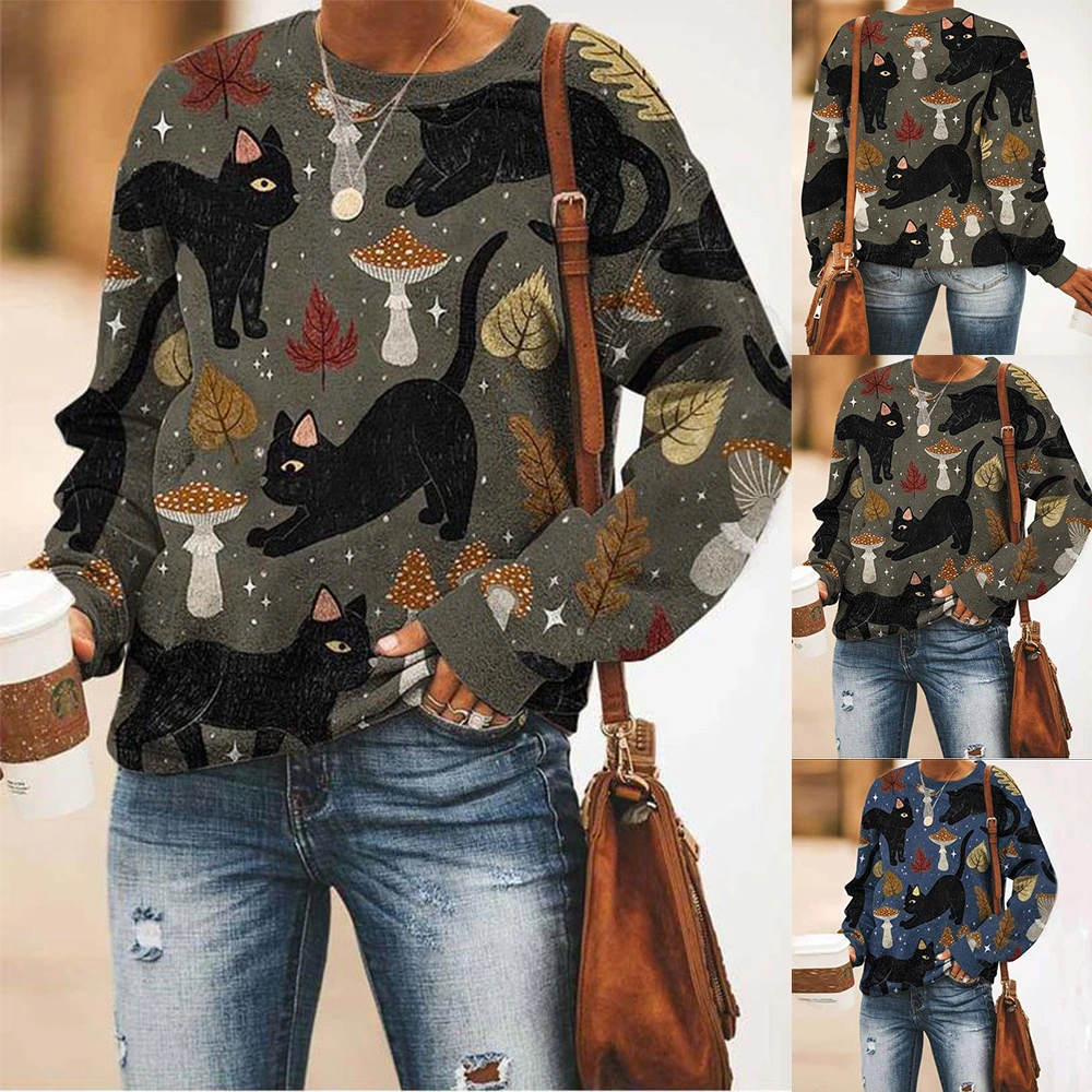 New Long Sleeve Printed Round Neck Pullover Sweatshirt