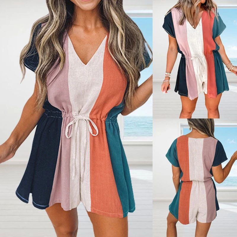 Loose V-neck Drawstring Stripe Contrast Short Sleeve Jumpsuit