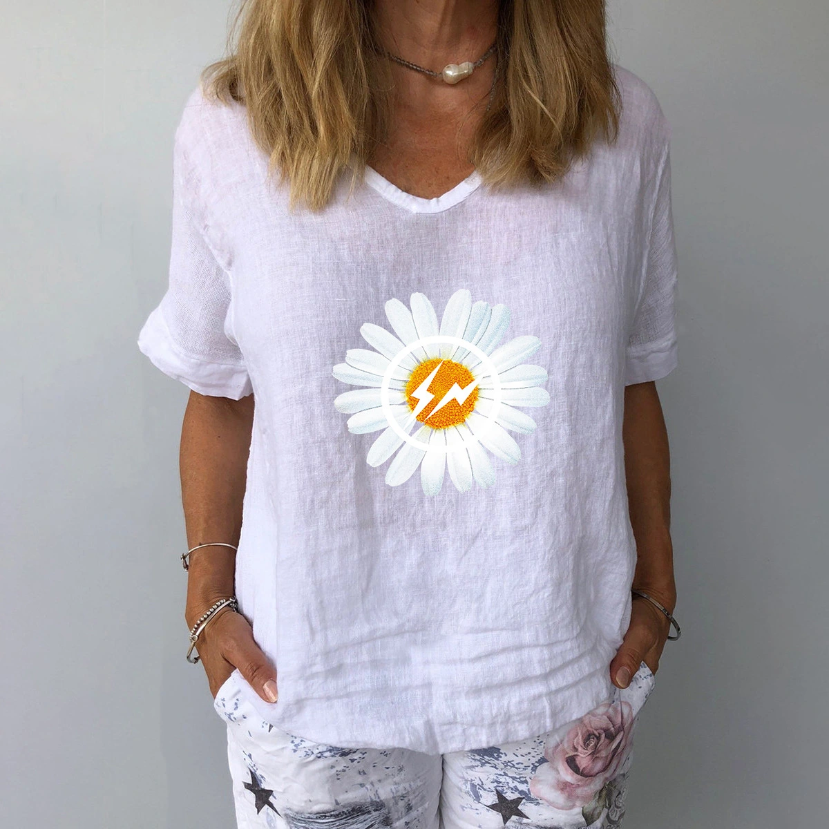 Elegant Linen Cotton Women Loose Shirt Summer V Neck Short