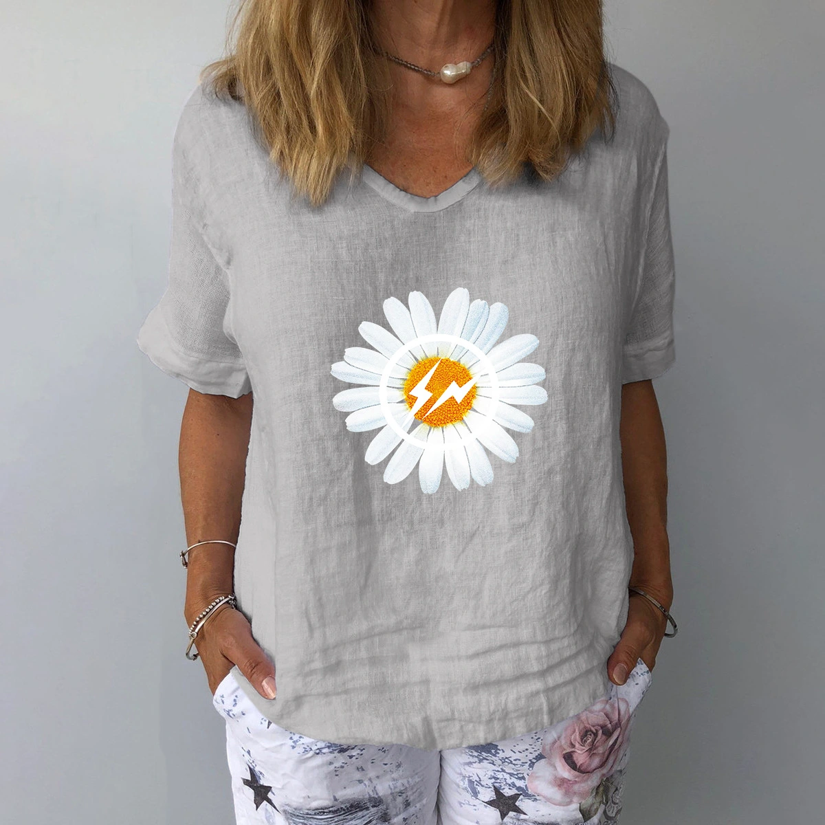 Elegant Linen Cotton Women Loose Shirt Summer V Neck Short