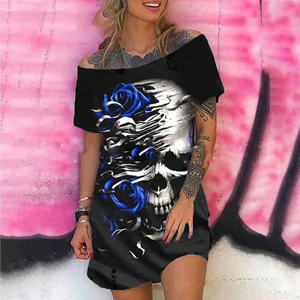 Fashion Ladies Halloween Skull Floral Print Dress