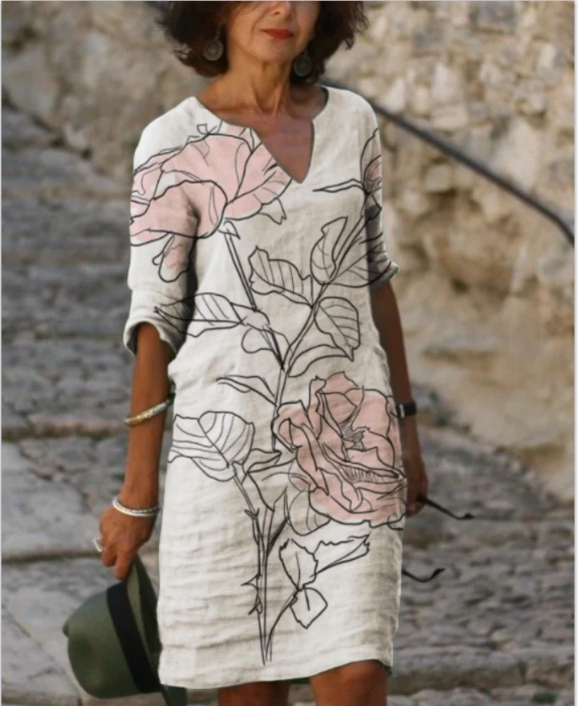 Urban Casual White V-neck Long-sleeved Printed Shirt Mid-length Skirt