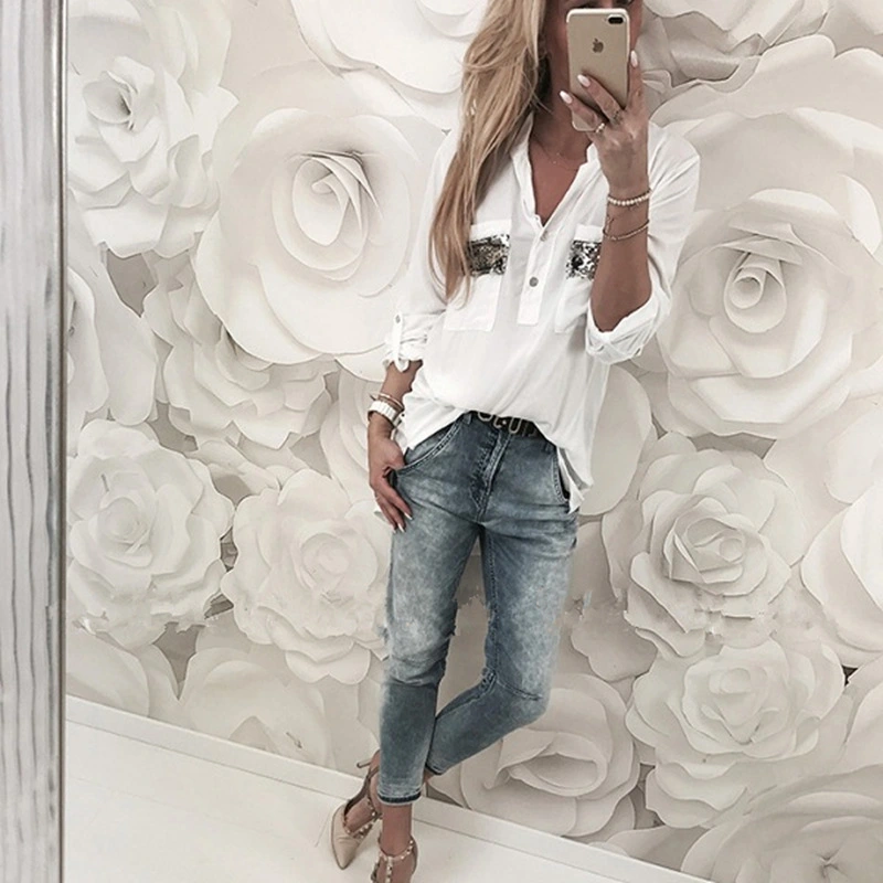 2018 New Women White Blouse Long Sleeve Button-Down Low
