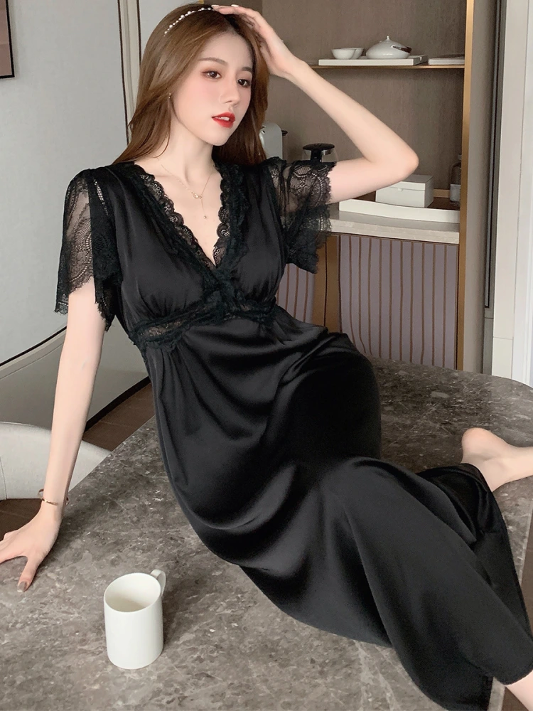 Nightdress Female Ice Silk Sexy Dress Mid-length Lace