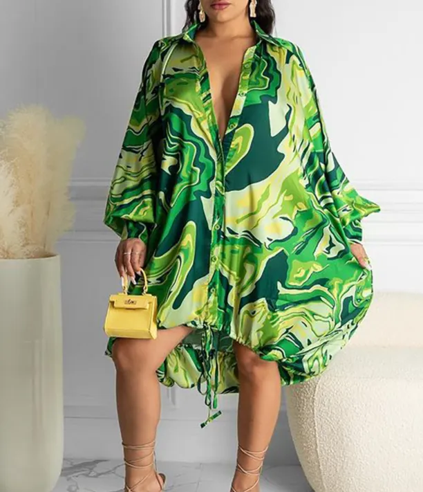 European And American New Style Printed Drawstring Loose Fashion Dress