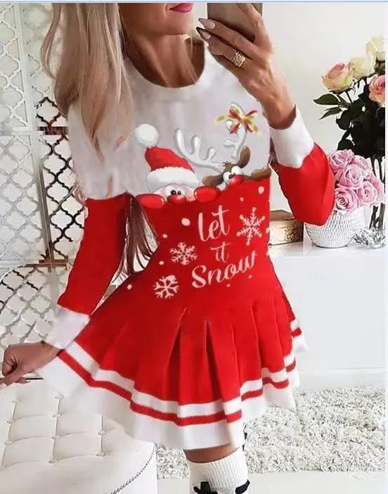 Stitching Printed Pleated Skirt Christmas Dress