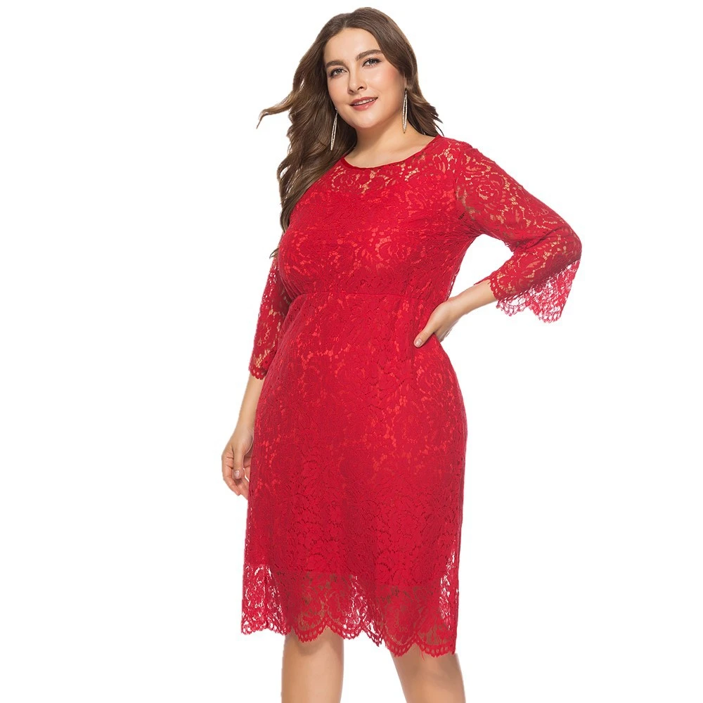 Women's Plus Size Three-quarter Sleeve Lace Mid-length Dress