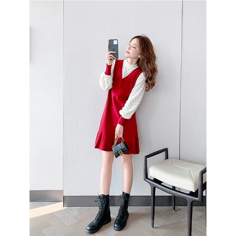 Fashion Lady Long-sleeved Red Lace Dress