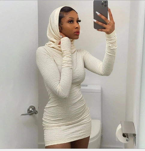 Tight-fitting Long-sleeved Hooded Sexy Dress With Hip Folds