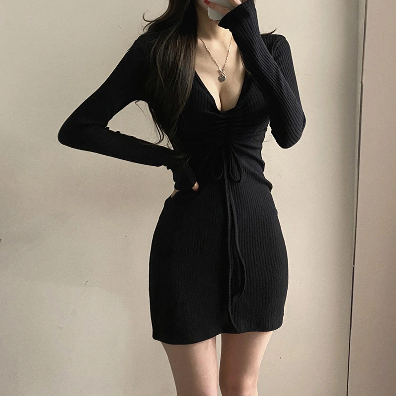 V-neck Knit Long Sleeve Dress Beware Of Machine Pulling Rope