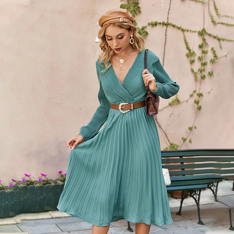Solid Color V-Neck Long-Sleeved Waist Dress