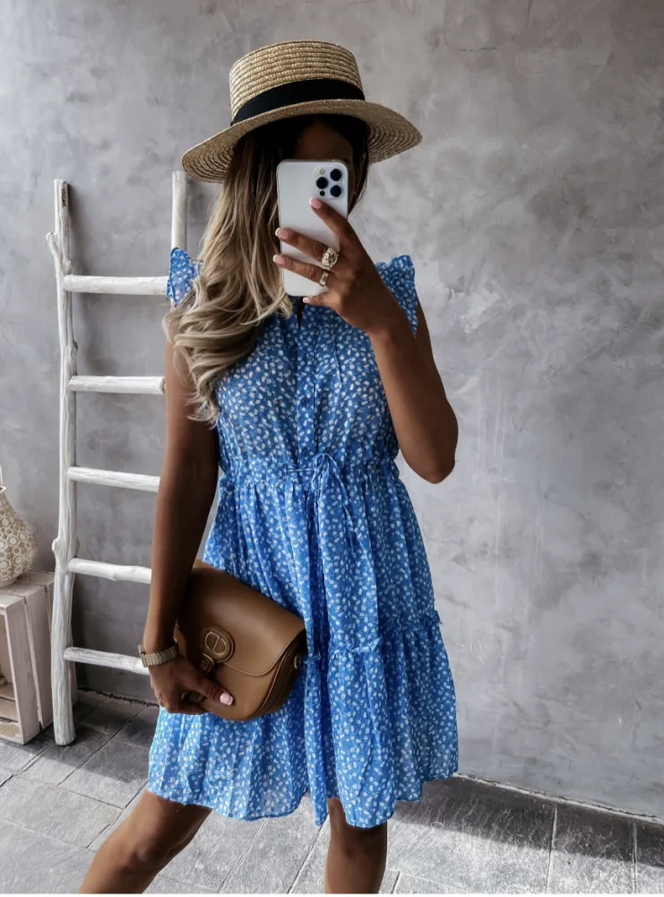 Sleeveless V-Neck Single-Breasted Drawstring Lace-Up Ruffle Dress