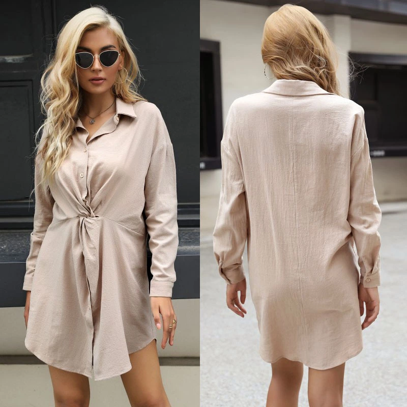 Solid Color Lapels And Twisted Long-Sleeved Bottoming Dress