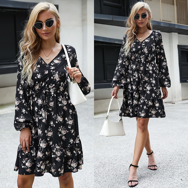 Printed V-Neck Long Sleeves With Lace A-Line Dress