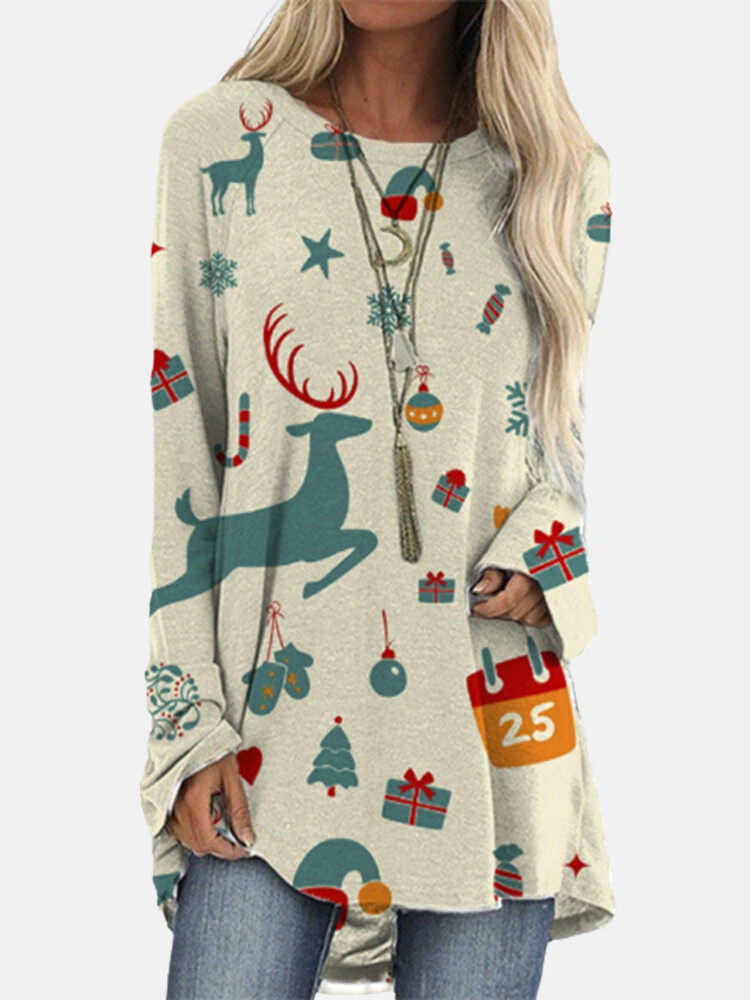 Ladies Christmas Print Big Sleeve Pullover T-shirt